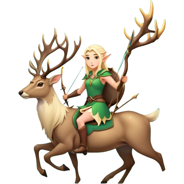 clash-of-clans-aesthetic-blond-elf-archer-portrait-emoji, rendered in a flat, vector-style with minimal shading and bold, simplified shapes, head tilted slightly forward with a determined, focused expression, riding a majestic stag whose luminous antlers glow with mystical energy, set against an ancient, enchanted forest backdrop. emoji