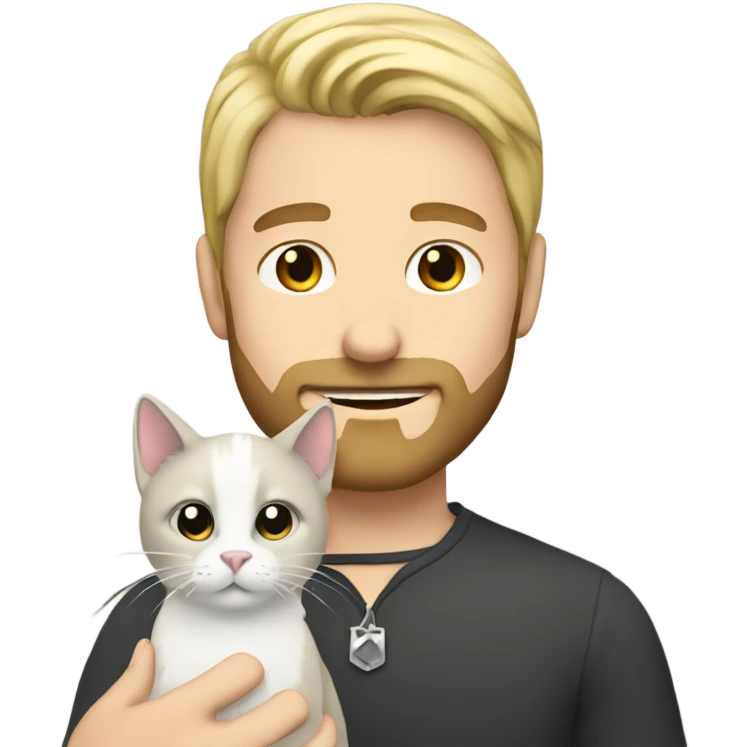 Blonde haired man with a black beard holding a white and gray cat emoji