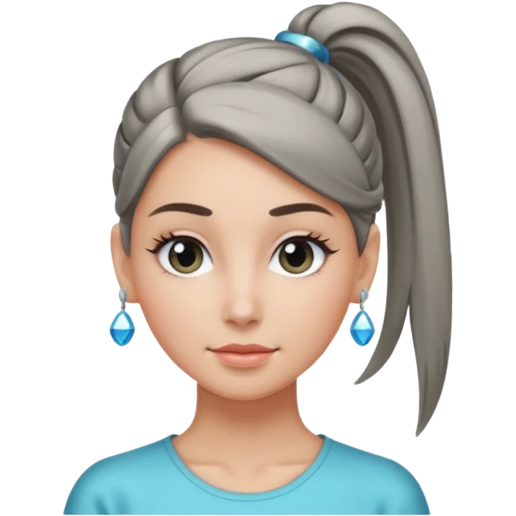 A cool woman with her hair tied in a ponytail, sparkling gray eyes, and smooth, fair skin; very beautiful. emoji