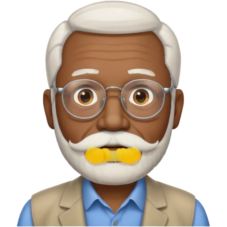 An elderly man emoji with medium-dark skin tone, white hair on the sides, glasses, light eyebrows, and a light white mustache and beard. emoji