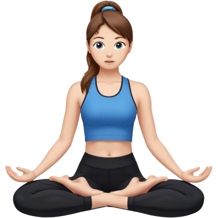 Девушка занимается йогой, в черном спортивном топе и черных леггинсах, волосы собраны в хвост, кожа белая, глаза голубые ,волосы каштановые  emoji