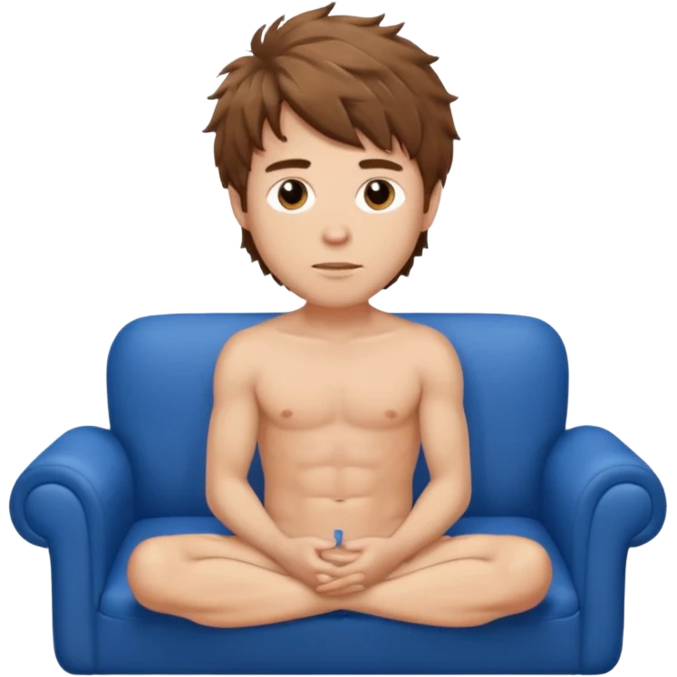 Nude white man with brown messy hair sat on blue sofa. emoji