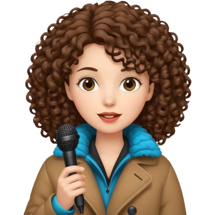 curly haired woman with winter clothes holding microphone emoji