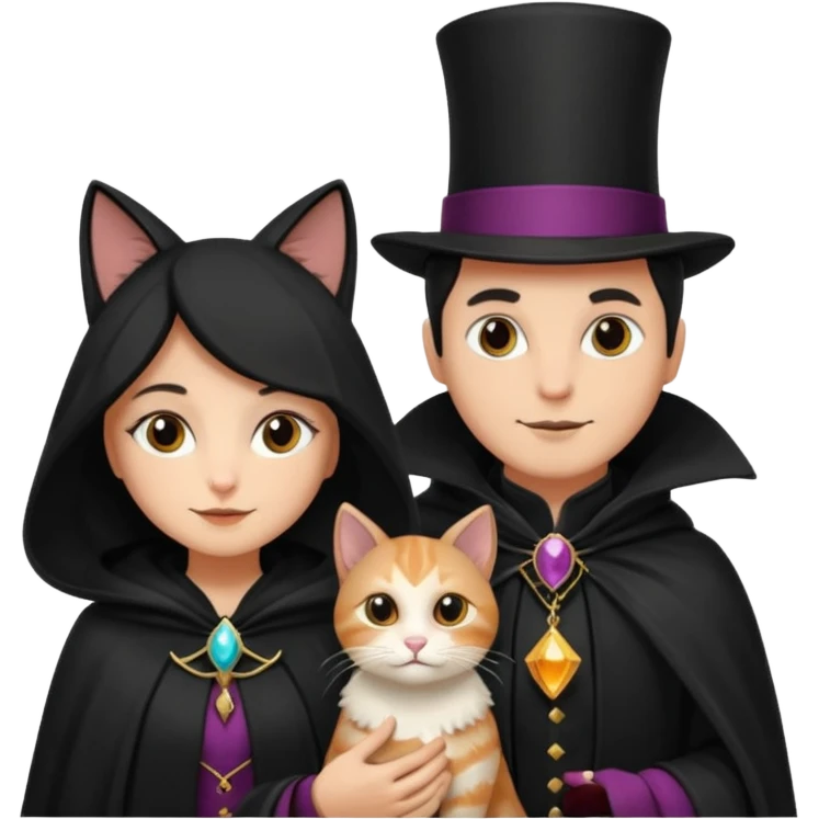 magician couple and their pet cat emoji