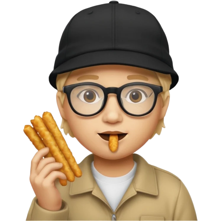 num num eatting hashbrown sticks with a plain black cap and glasses no hair emoji