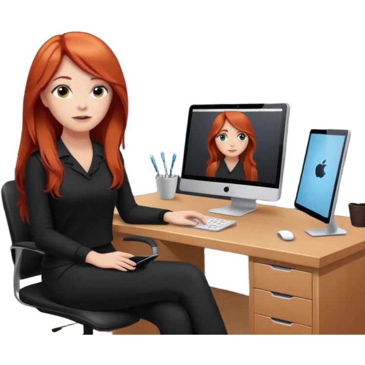 Video call therapy session: red-haired therapist with long hair wearing black minimalist clothing, seated in a professional home office, looking at the webcam; calm, modern teletherapy setting emoji