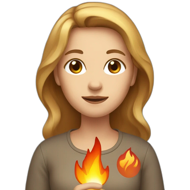 A women with light brown hair holding fire in her hand emoji