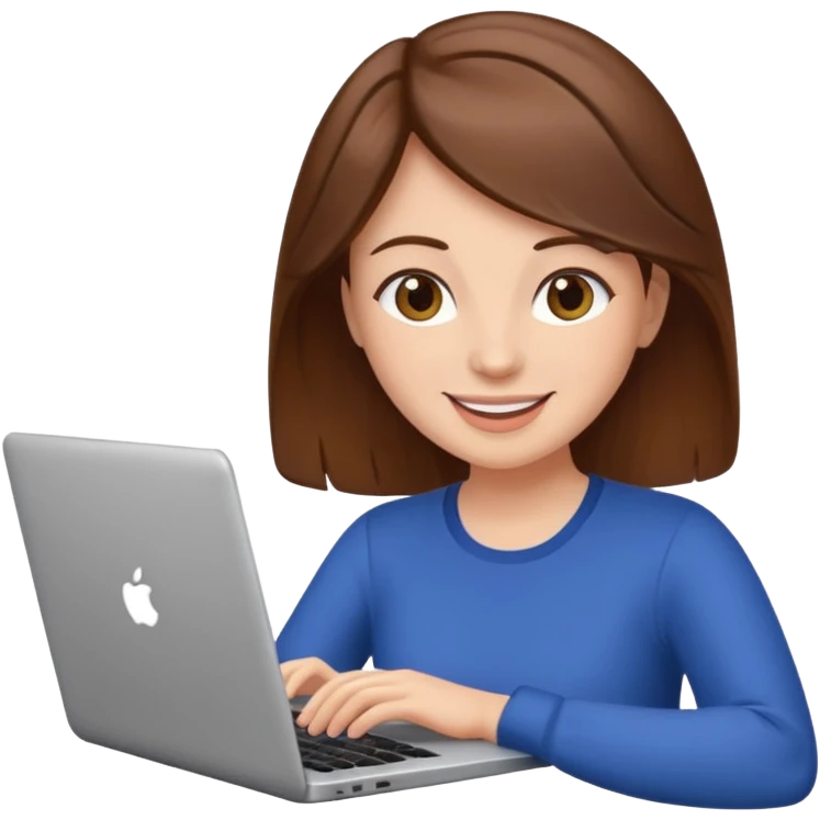 happy woman with brown hair using laptop emoji