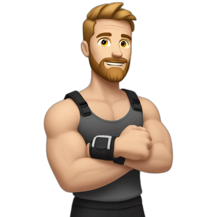 Close up Actively gesturing  with hands Pale skinned Fit Man With the biceps and brown hair in dark gray Sleeveless Mike, black oversize sports shorts, watch and white Sneakers emoji