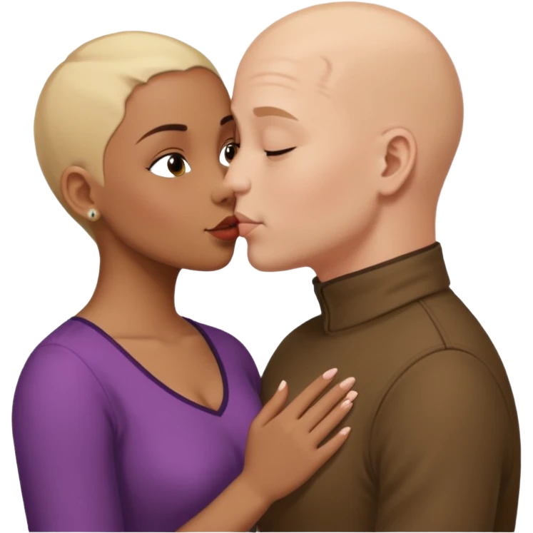 Bald man kissing brown  girl with two tone short  blond hair emoji