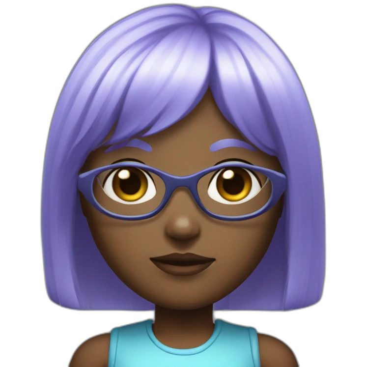 A girl with light blue hair.She has dark skin.Her hair is very long and straight.She has bangs.She has purple eyes.She also has sci-fi glasses.She has a robotic. emoji