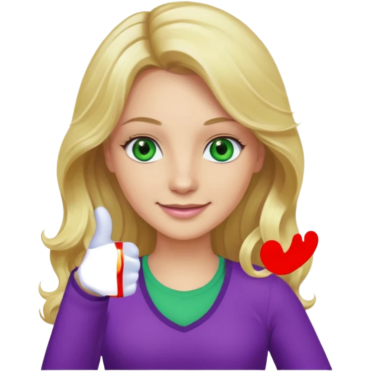 lady with long wavy blonde hair, purple top, green eyes, thumbs up emoji