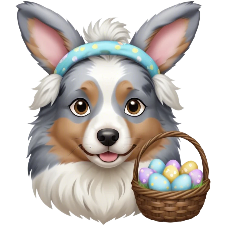 Blue merel Australian Shepherd with Easter bunny headbands and is holding an Easter egg basket emoji
