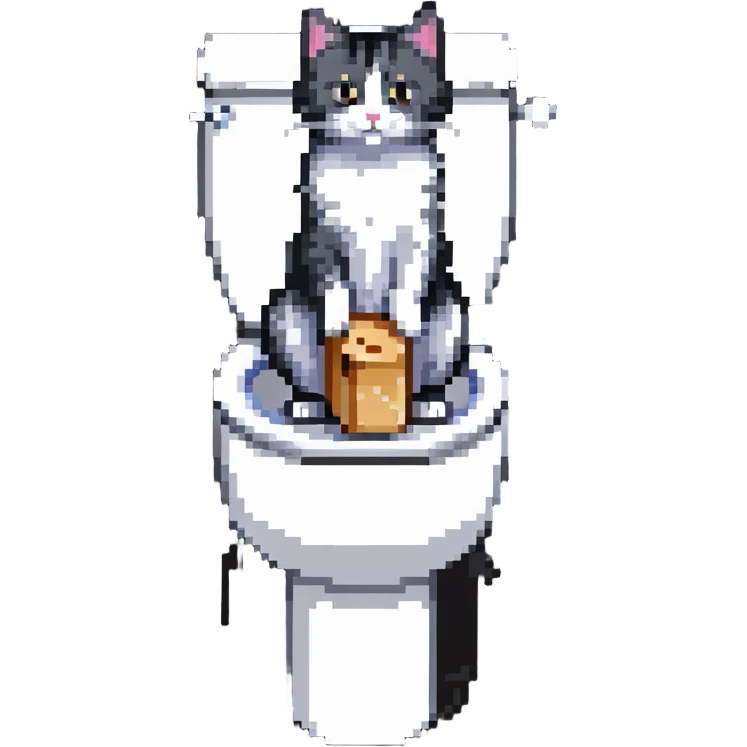 A cat in the form of a baguette sitting on a toilet emoji