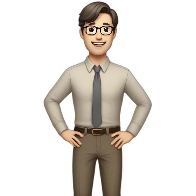 Full height Actively gesturing with hands Pale skinned fit man with dark brown hair in gray jacket, beige office shirt, brown tie, brown pants and vintage glasses. emoji