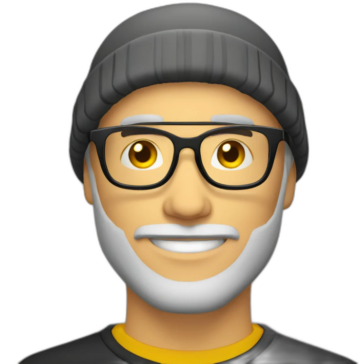 bearded white guy with clear framed glasses wearing yellow beanie black shirt emoji