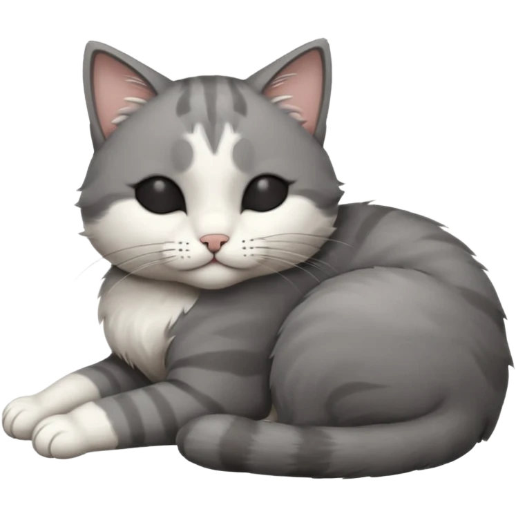 dark grey and white small cat with closed eyes, leaning his head on his paw while leaning on his elbow lying down emoji
