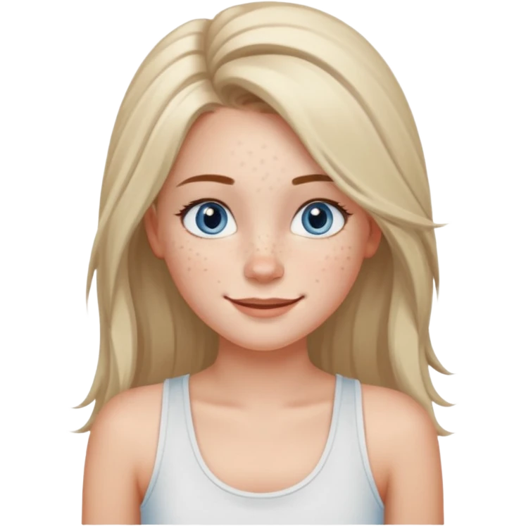 Una chica de tez blanca con pecas, nariz respingada, labios gruesos, ojos grandes color azul grisáceo, pelo largo, lacio, color avellana. Con una blusa de tirantes blanca. Que este sonriendo y q solo se vea de la cintura hacía arriba emoji