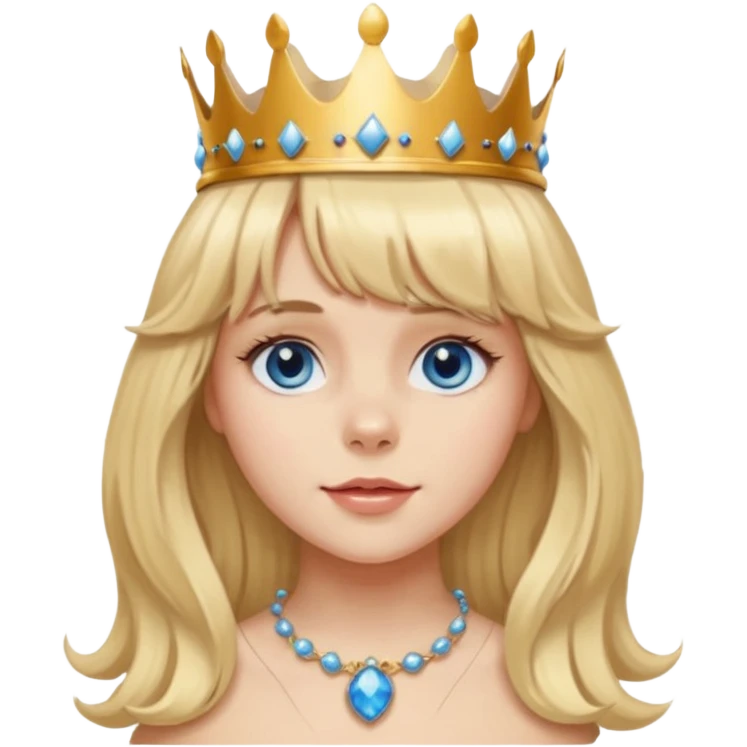simple Blonde girl with bangs, long seductive hair and blue eyes, and a simple crown. giving cockerspaniel energy head only emoji