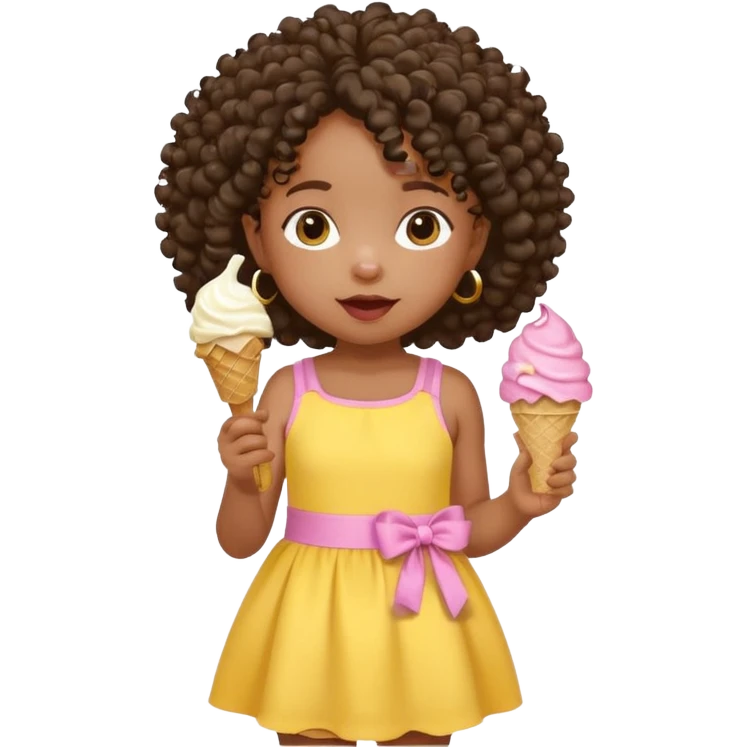 a little black girl kid with curly hair, yellow dress, eat ice cream emoji