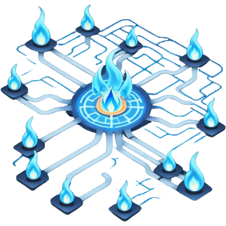 a map with a glowing blue flame on the x and networking paths emoji