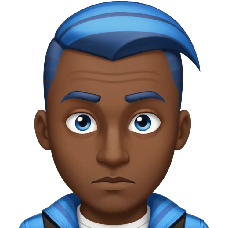 A man with a pointed nose turned down and arched eyebrows playfully looks forward, his skin color is a little dark, but his eyes are blue, his long brown hair is stripped, looks like a punk emoji