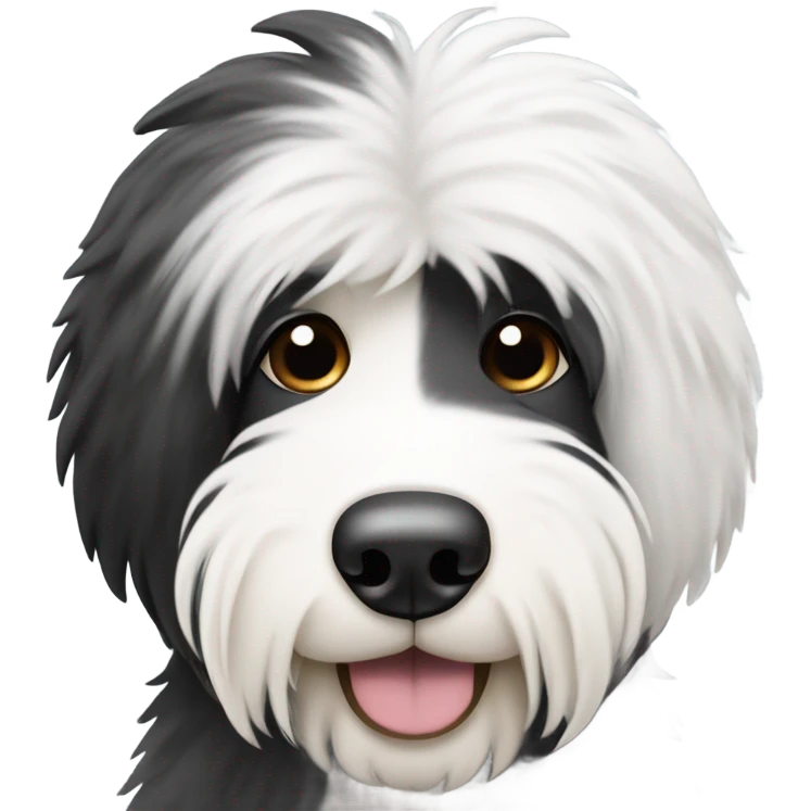 Old English sheepdog with a half and half face like a black (right side) and white (left side) cookie emoji
