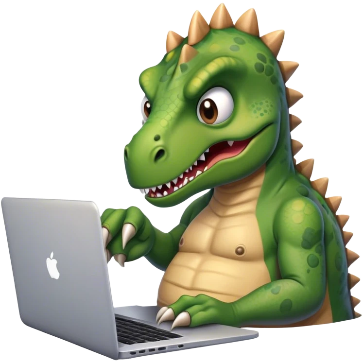 tired dinosaur with angry face working on laptop  emoji