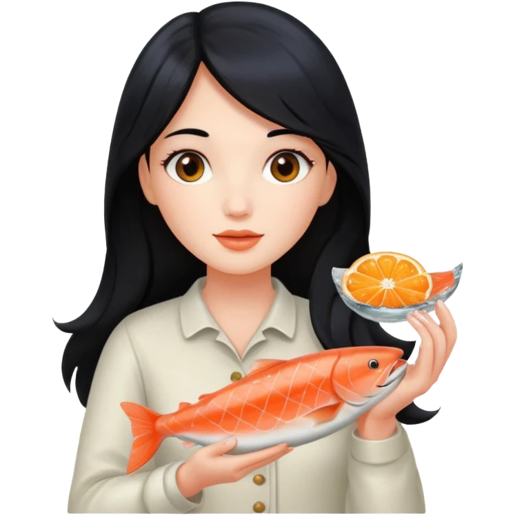 White lady with long black hair and a round face holding a salmon  emoji