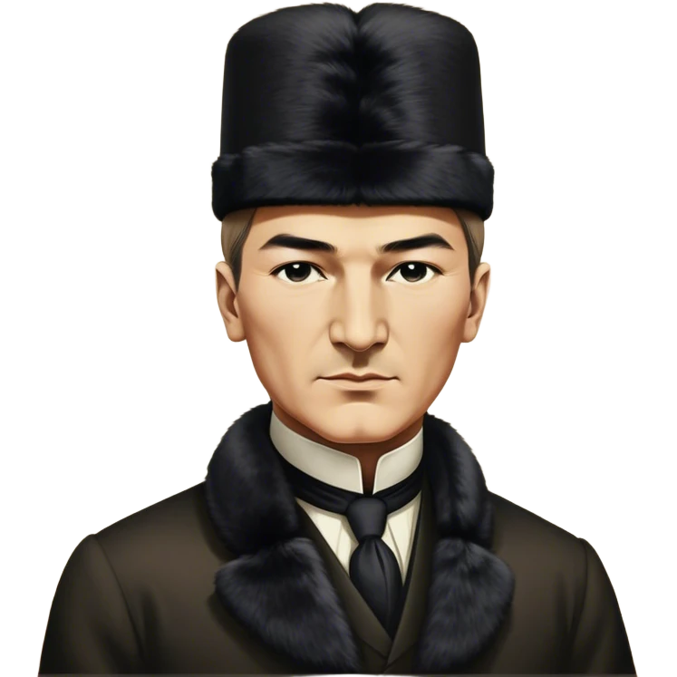 ​Cinematic Realistic Portrait of a Young Mustafa Kemal Atatürk, depicted wearing an iconic tall black fur hat along with traditional attire, his confident, visionary expression illuminated by warm, inspiring lighting, rendered with rich historical textures that capture his youthful dynamism and transformative leadership, emoji