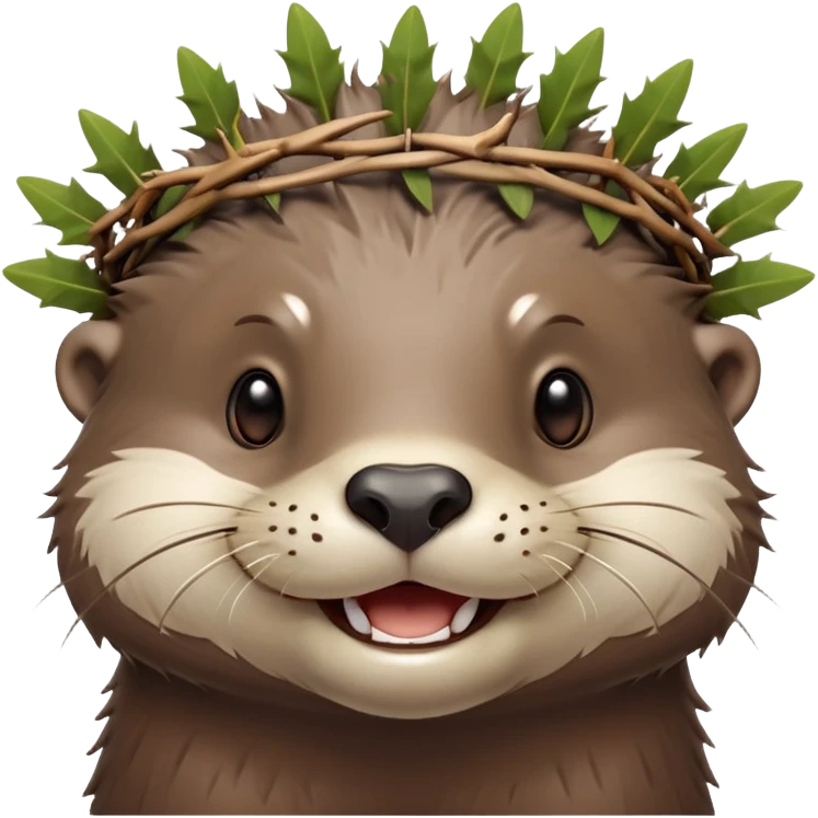 really cute smiling joyful otter face in three-quarter profile view with simple thorny stem wrapped horizontally around its forehead like Jesus Christ's Crown of thorns, no crown shape on top, just thin spiky branches circling the forehead emoji
