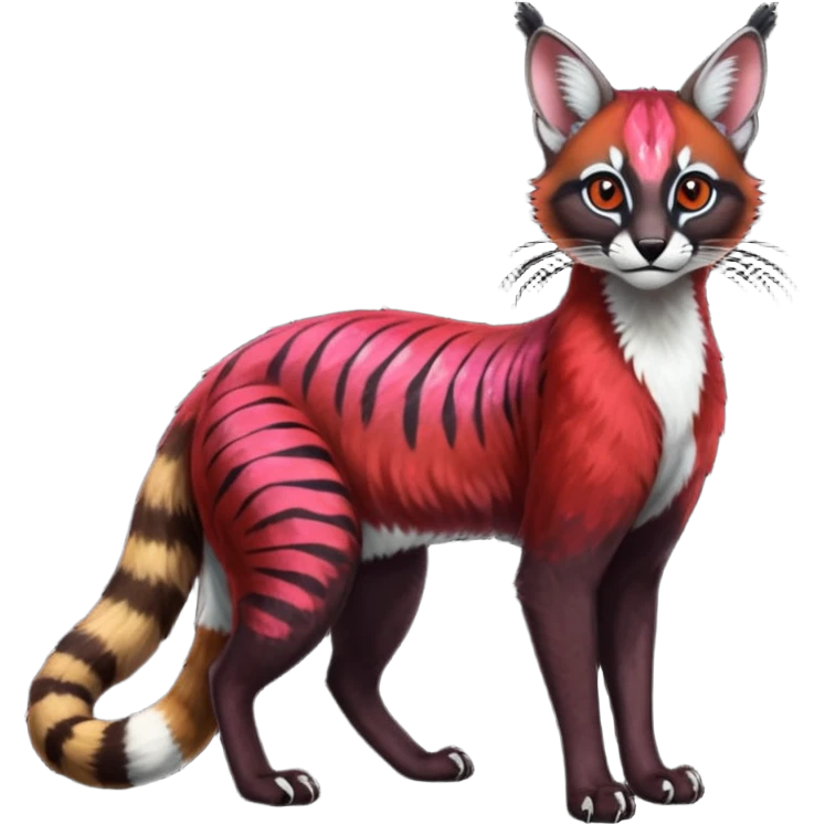 Colorful dark tropical sanguine-red, black, white iridescent glorious divine exotic cute cool beautiful shiny beautiful floral fantasy-caracal-civet-genet-sergal-vernid-Cacomistle-oncilla-animal-Fakémon-hybrid-fursona with pattern markings (full body) emoji