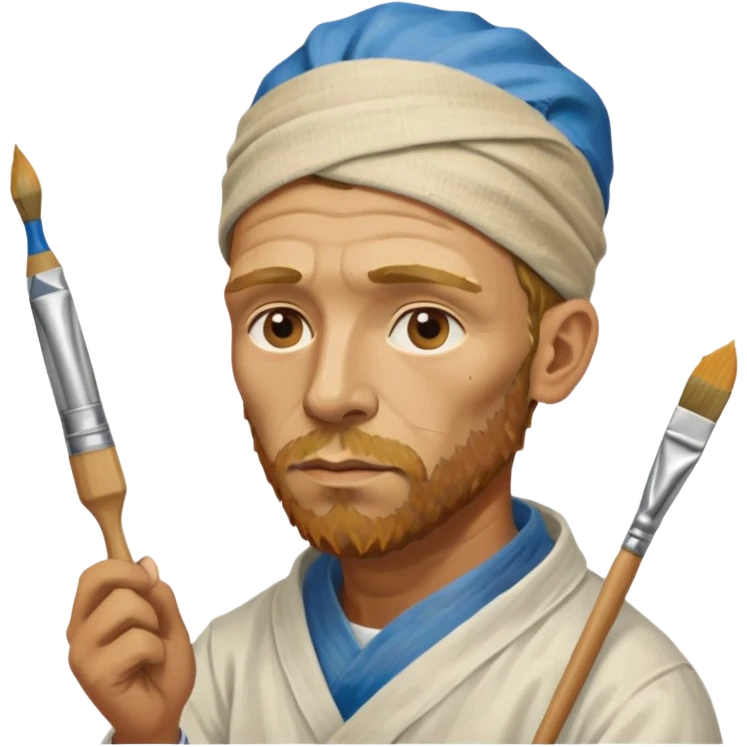van gogh paints on a canvas. his ear is bandaged. emoji
