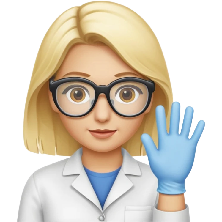 Eine hellblonde Chemikerin mit Kittel, Handschuhen, großer Labor-Sicherheitsbrille und typischem Erlmeyerkolben in der Hand, weißer Hintergrund emoji