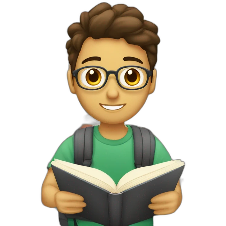 joven estudiante sentado sobre sus libros y cuadernos que son muchos y con un libro en sus manos y sobre su cabeza, de piel blanca y con su mascota emoji