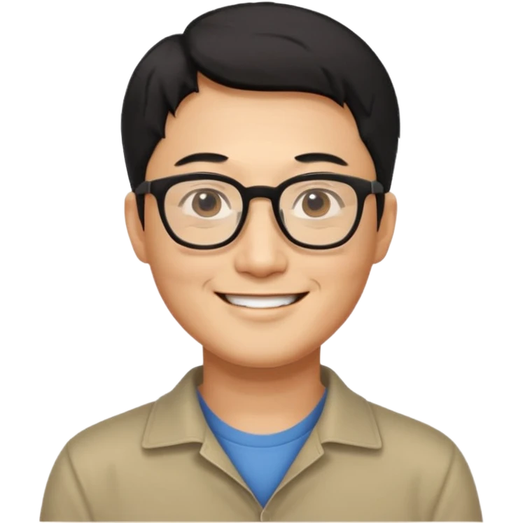 안경을 낀 40대 표준 체격의 한국인 남성, 머리가 아주 짧음, 활짝 웃고 있음 emoji