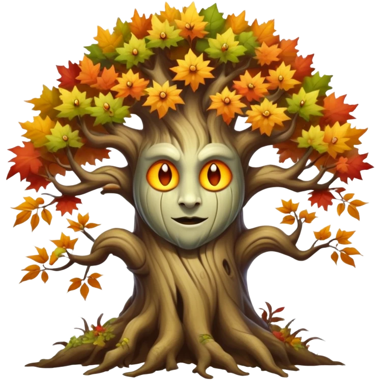 Create a mystical forest menacing creature with the ancient wisdom of a sentient tree whose twisted trunk supports a crown of vibrant autumn foliage surrounding a cheerful, sun-like face that blooms with seasonal energy.


 emoji