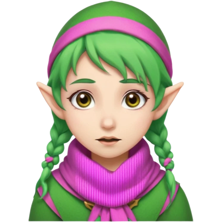An elf girl with green hair, brown eyes, and a pink scarf who appears to be extremely stressed. emoji
