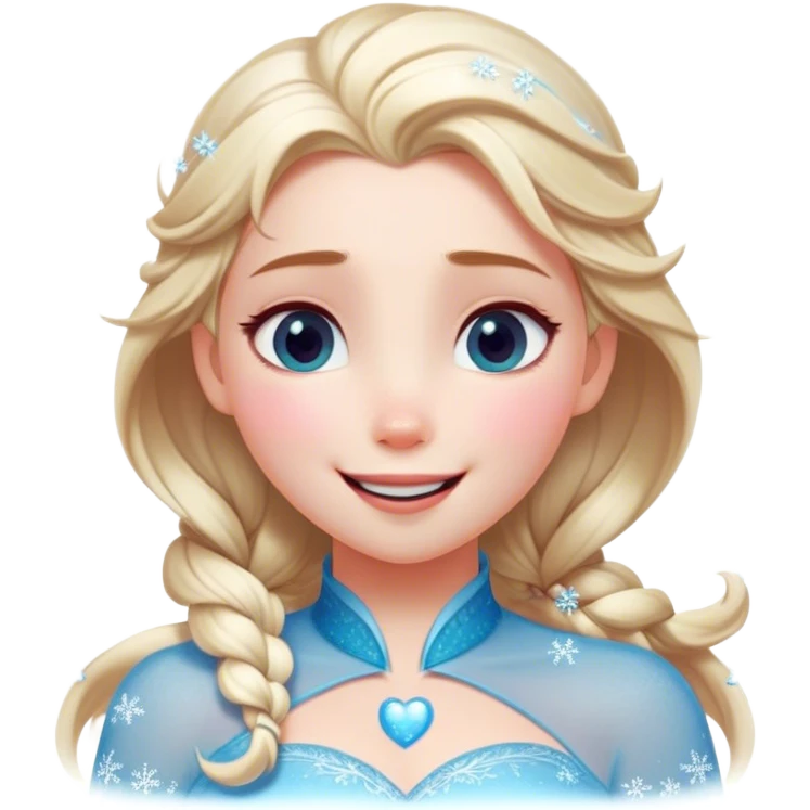Cinematic Adorable Elsa Portrait Emoji, Giggling as tiny snowflakes swirl around her, cheeks flushed pink from the cold, eyes twinkling with warmth, a heart-melting mix of beauty and playfulness! emoji