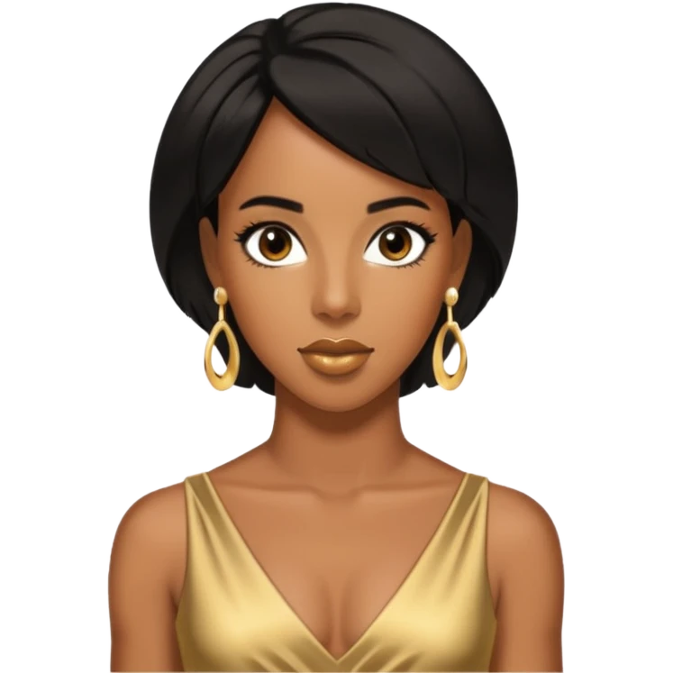 Kelly Rowland brown eyes, black hair, gold dress with earrings emoji