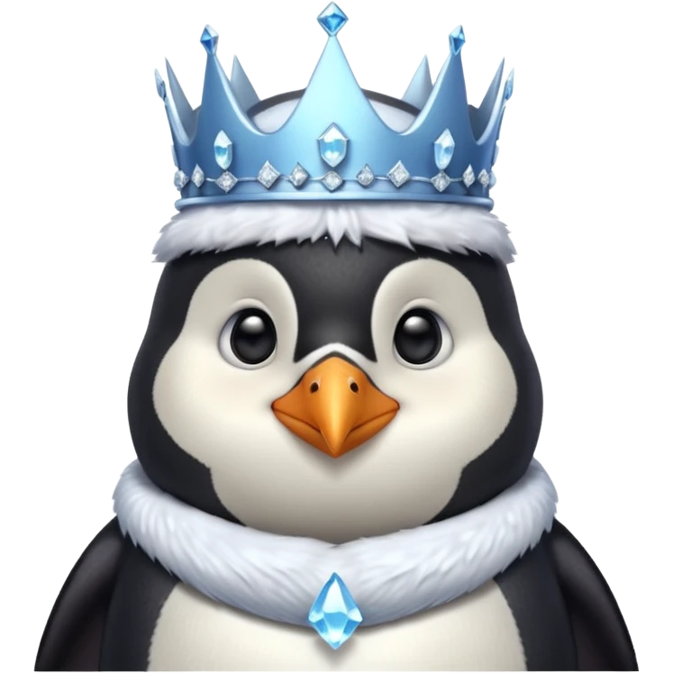 penguin king portrait, head and shoulders only, icy crystal crown, royal fur collar, cute serious expression, winter fantasy vibe, 3D cartoon, mobile game icon style, clean background, no text, no watermark
 emoji