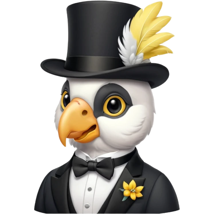 A cockatoo dressed in a tuxedo and a top hat emoji