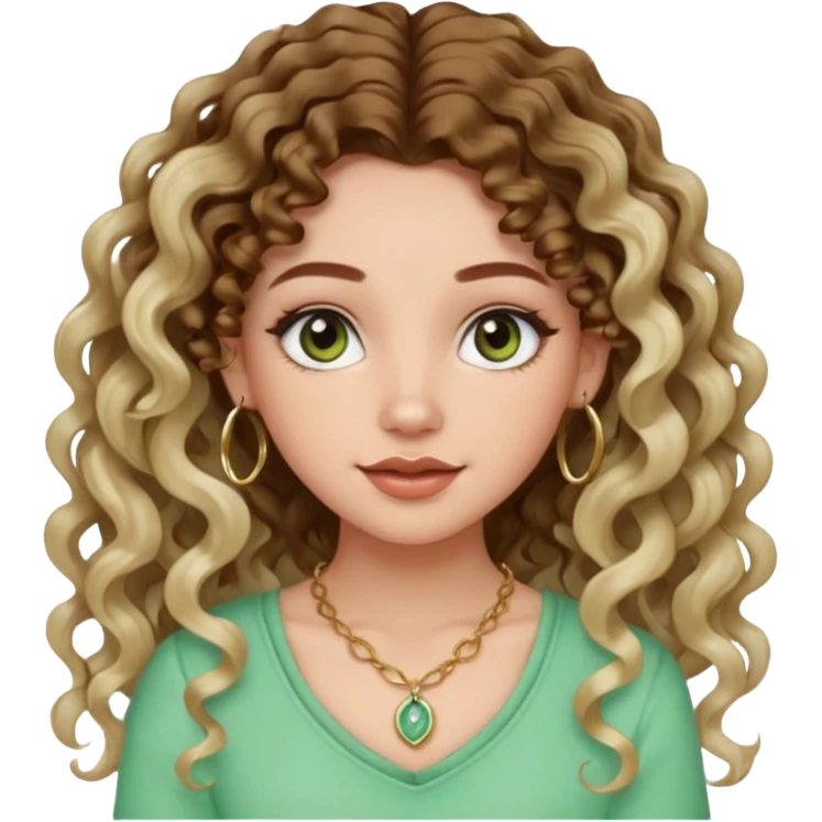 cute girl with not volominous VERY LONG curly/wavy balayage hair brown eyes full lips cute makeup cute necklace and hoop earrings white girl with light green top emoji