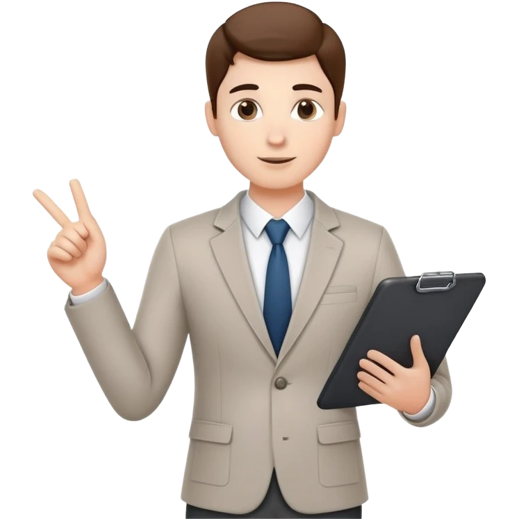 professional character standing and gesturing with one hand, while holding a clipboard or tablet in the other. The character wears smart casual business attire. Clean cartoon style, white background, iOS emoji aesthetic. emoji