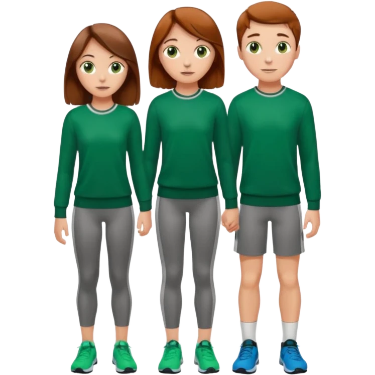 full-length couple, girl with long brown hair and hazel eyes in green sweater, boy with auburn hair in sportswear emoji