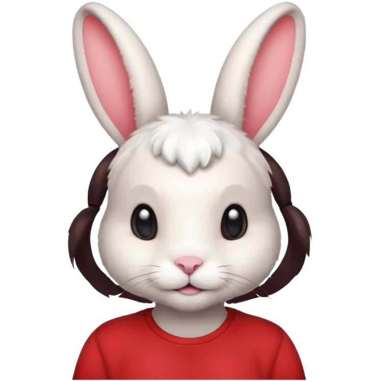 white large bunny, pet lover, red shirt, pony tail. emoji
