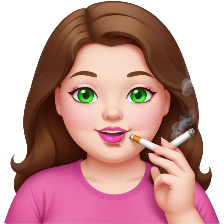 chubby white skinned girl with green eyes and long brown hair smoking a white joint smiling in a pink t-shirt with pink lips emoji
