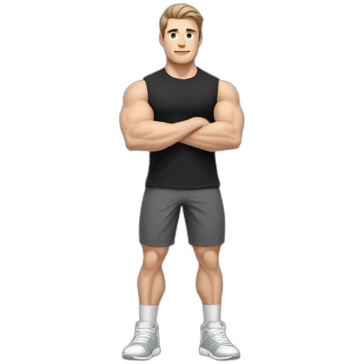 Pale skinned Fit Man With the biceps and dark brown hair in black shirt, gray sports shorts and white Sneakers emoji