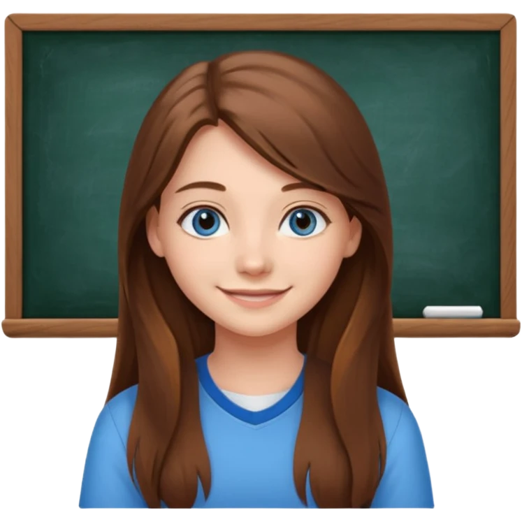 high school class room with a pretty female high school student with long brown hair, blue eyes sitting in front of the blackboard emoji