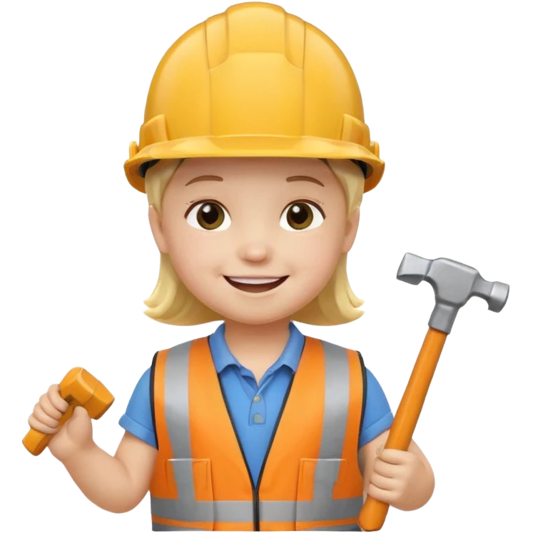 toddler wearing oversized construction helmet and safety vest holding tiny hammer, 3D emoji style emoji